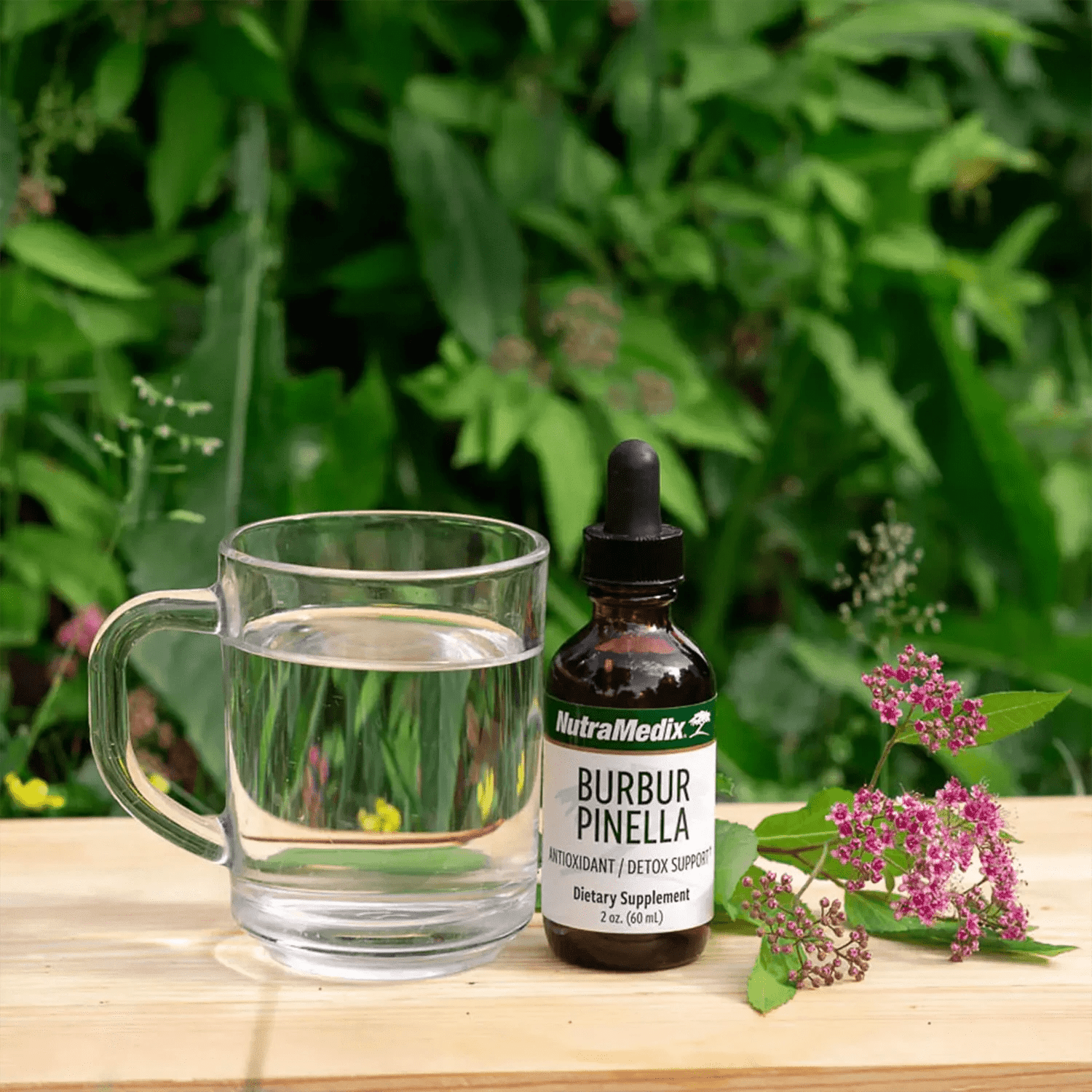 Burbur Pinella 2oz - detox drops to support natural detoxification next to a glass of water